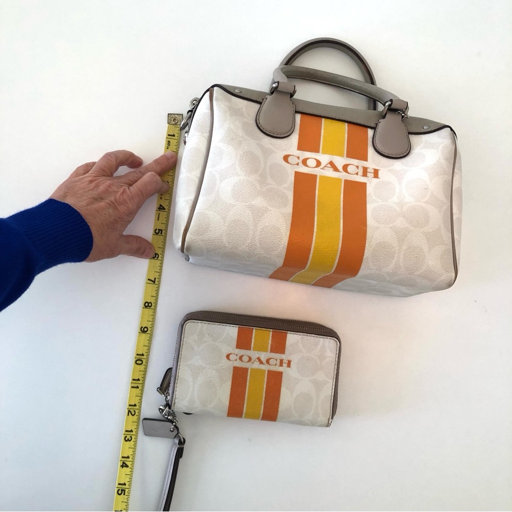 Coach Varsity Stripe Mini Bennett Satchel & Wristlet Cream Orange Yellow F38401 - Picture 12 of 17